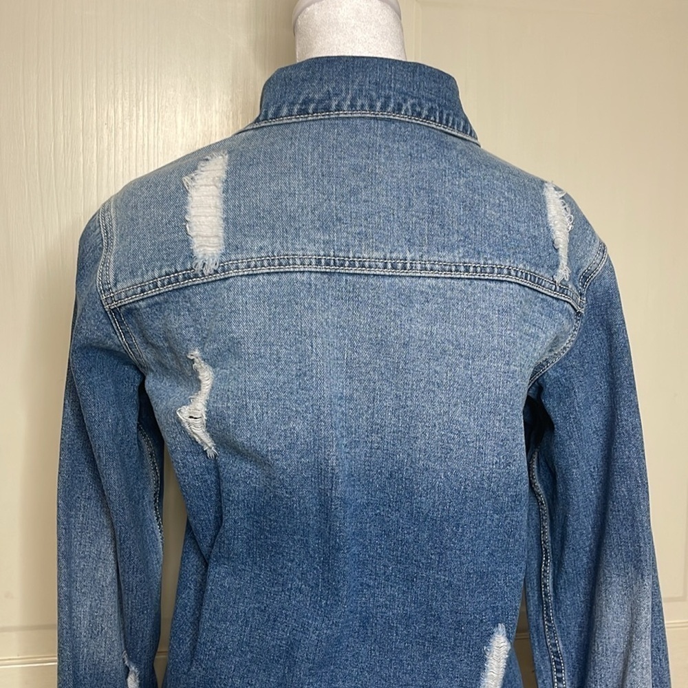 Women’s Oversized Denim Jacket Casual Long Boyfriend Distressed Blue Jean Sz M - Picture 8 of 10